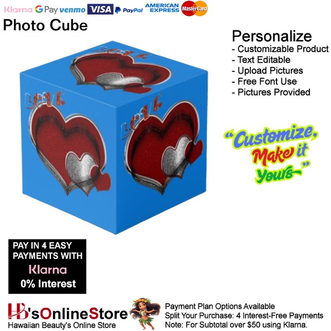 Heart Magic Blue Photo Cube  (Love Heart Red Silver with Blue Background Cube.)
