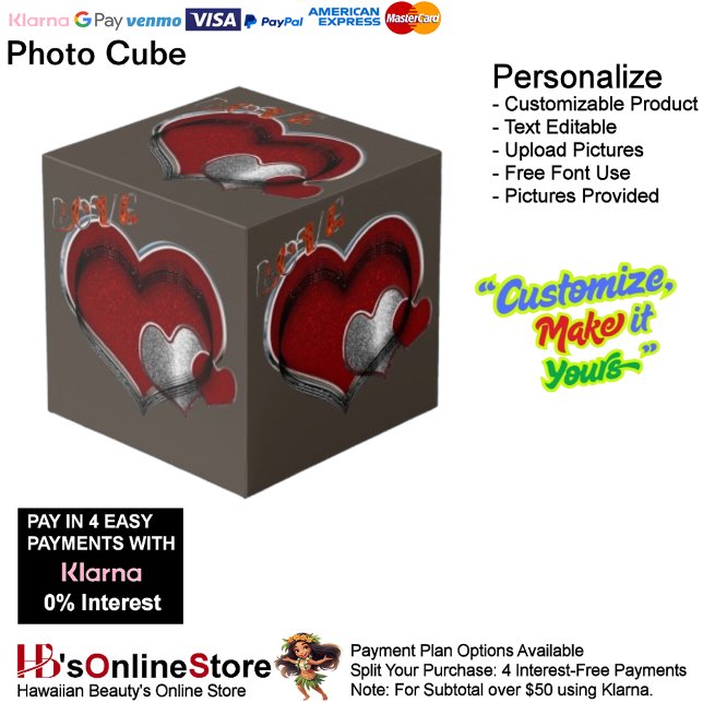 Heart Magic Brown Photo Cube  (Love Heart Red Silver with Brown Background Cube.)
