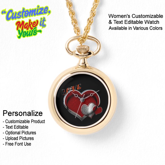Heart Magic Gold Necklace Watch Black Face (Women's Heart Magic Gold Necklace Watch Featuring a Black Face.)
