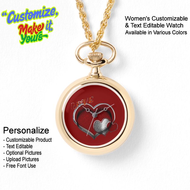 Heart Magic Gold Necklace Watch Red Face (Women's Heart Magic Gold Necklace Watch Featuring a Red Face.)
