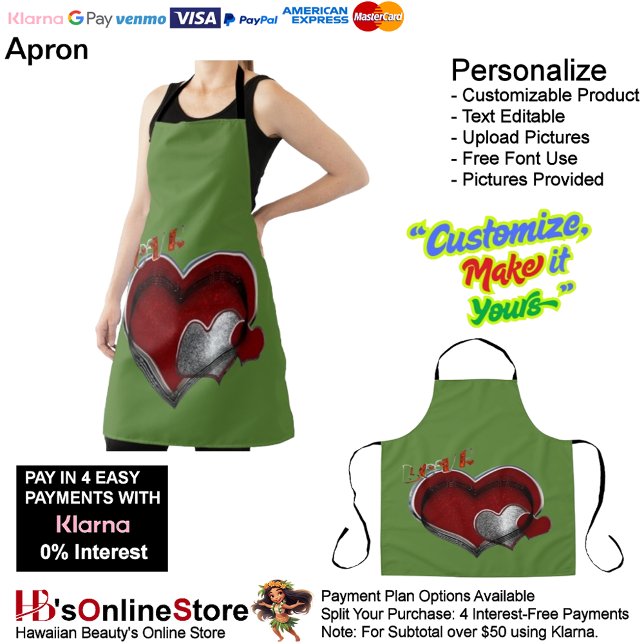 Heart Magic Green Large Apron (Love Heart Green Kitchen Cooking Mess Free Large Apron.)