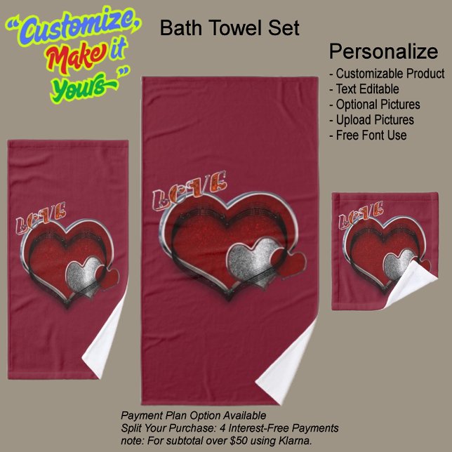 Heart Magic Maroon Bathroom Towel Set  (Heart Magic Bathroom Towel Set Featuring a Maroon Background.)