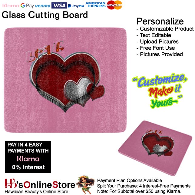 Heart Magic Pink Glass Cutting Board 15.2x17.8cm (Love Heart Pink Cooking Kitchen Glass Cutting Board.)