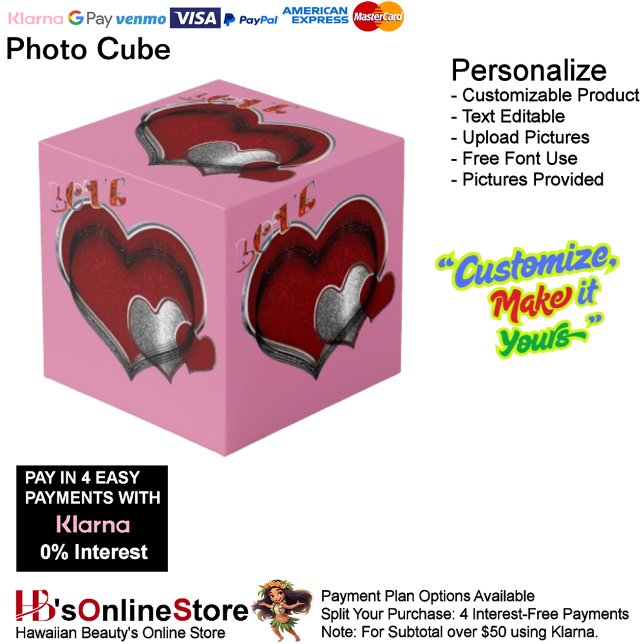 Heart Magic Pink Photo Cube  (Love Heart Red Silver with Pink Background Cube.)