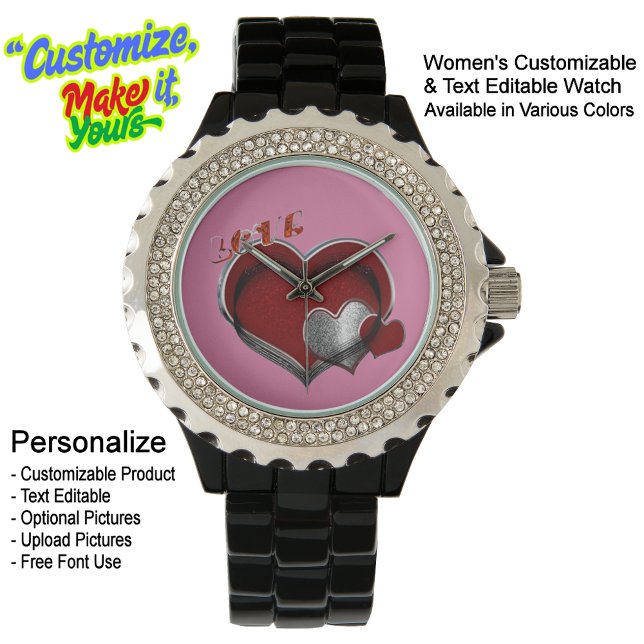 Heart Magic Pink Rhinestone Black Enamel Watch (Women's Heart Magic Black Rhinestone Enamel Watch Featuring Pink Face.)
