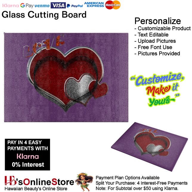 Heart Magic Purple Glass Cutting Board 38.1x27.9cm (Love Heart Purple Cooking Glass Cutting Board.)