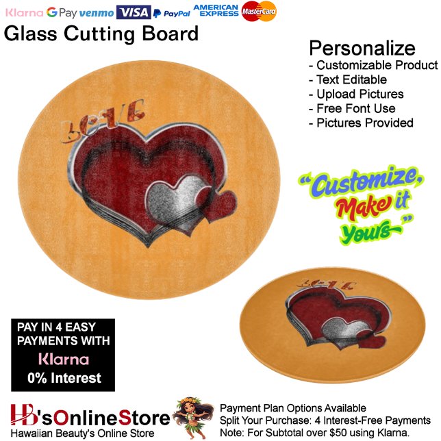 Heart Magic Round Orange Glass Cutting Board 30.4  (Love Heart Orange Cooking Kitchen Glass Cutting Board.)