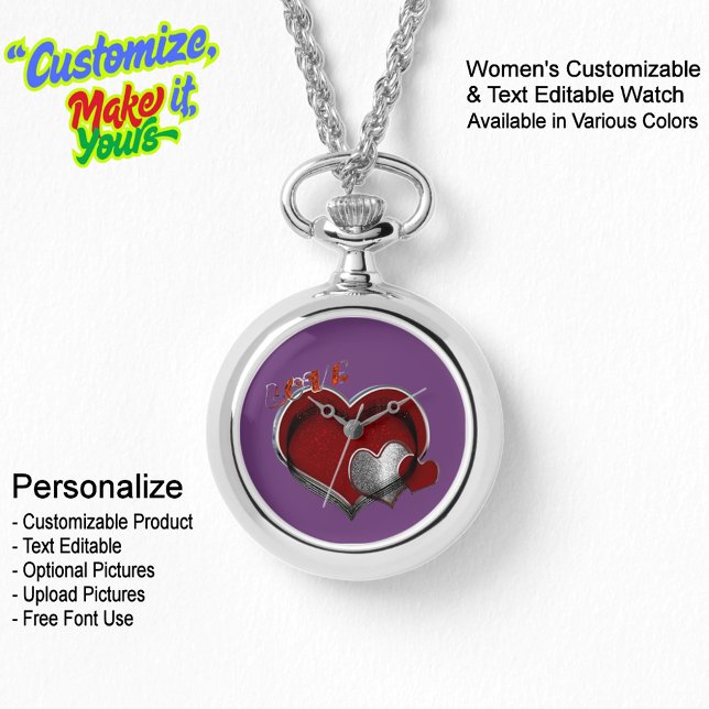 Heart Magic Silver Necklace Watch Purple Face (Women's Heart Magic Silver Necklace Watch Featuring a Purple Face.)
