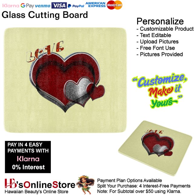 Heart Magic Yellow Glass Cutting Board 15.2x17.8cm (Love Heart Yellow Cooking Kitchen Glass Cutting Board.)