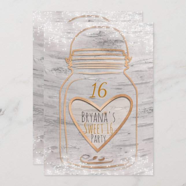 Heart Mason Jar & Lights Birch Sweet 16 Invitation (Front/Back)