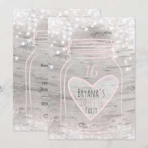 Heart Mason Jar & Lights Birch Sweet 16 Invitation