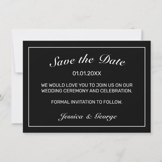 Heart Modern Minimalist Black Wedding Save The Date (Front)