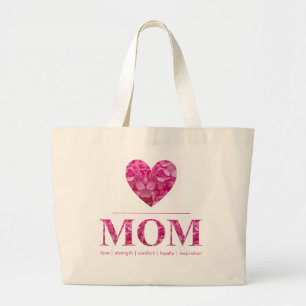 Heart MOM Pink Floral Letters Characteristics Name Large Tote Bag