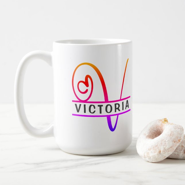 Heart Monogram Custom Coffee Mugs - Letter V (With Donut)