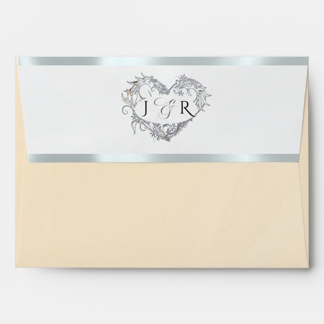 Heart Monogram & Flower- Peach/Silver Wedding Envelope (Back (Top Flap))