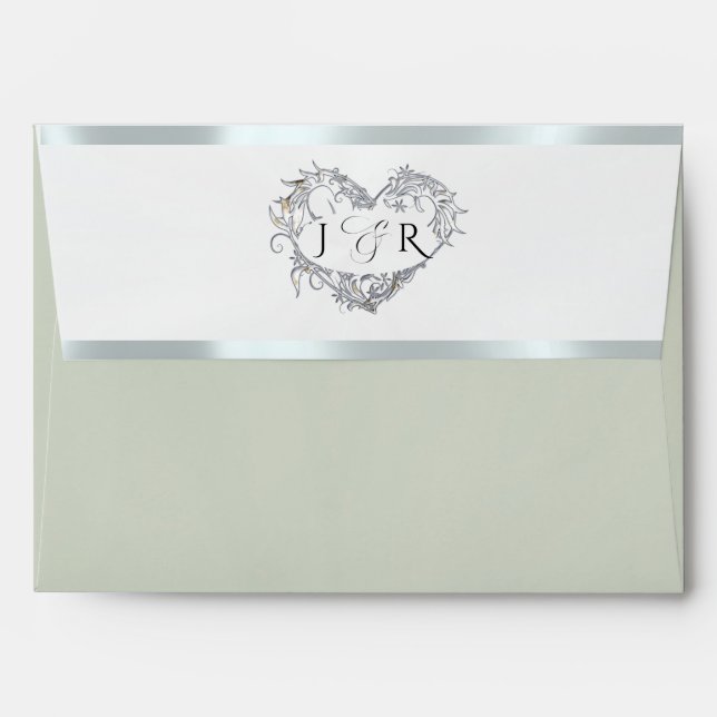 Heart Monogram & Flower- Sage/Silver Wedding Envelope (Back (Top Flap))