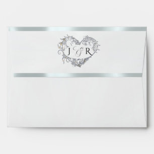 Heart Monogram & Flower - White/Silver Wedding Envelope