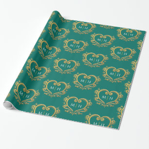 Heart monogram gold on dark green wedding wrapping paper