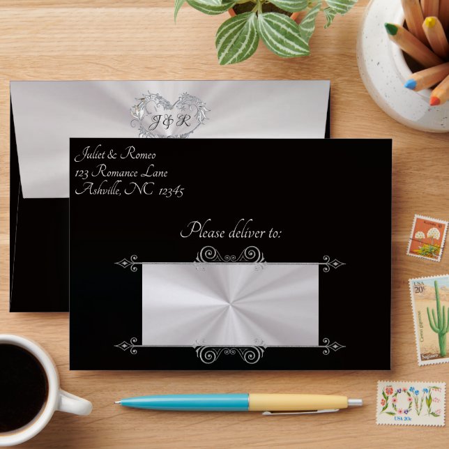 Heart & Monogram on Black Wedding Envelope (Desk)