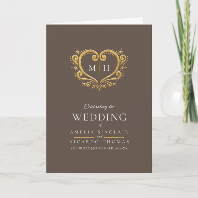 Heart monogram photo gold brown wedding program (Front)