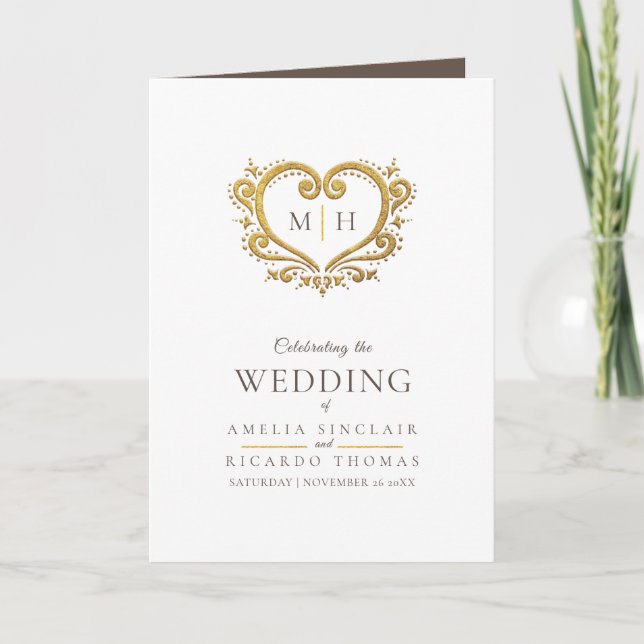 Heart monogram photo gold brown wedding program (Front)