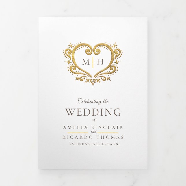 Heart monogram photo gold brown wedding program Tri-Fold programme (Cover)