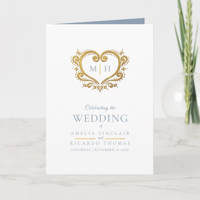 Heart monogram photo gold grey blue wedding program (Front)