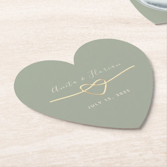 Heart Monogram Sage Green Wedding Paper Coaster (Angled)