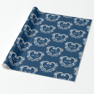 Heart monogram silver on dark blue wedding wrapping paper