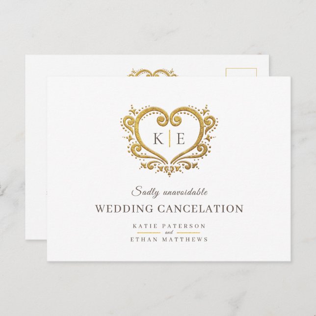 Heart monogram wedding cancellation gold brown ann announcement postcard (Front/Back)