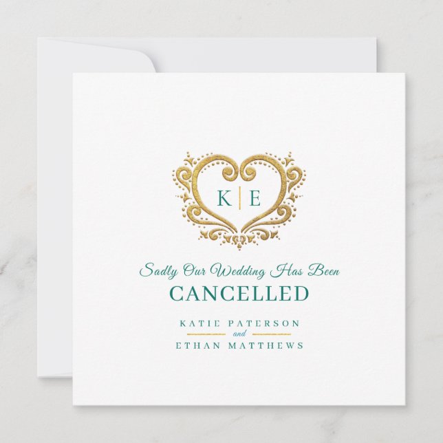 Heart monogram wedding cancellation gold green announcement (Front)
