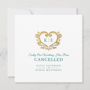 Heart monogram wedding cancellation gold green announcement