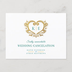 Heart monogram wedding cancellation gold green announcement postcard