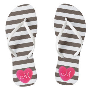 Heart Monogram with Brown and White Stripes Thongs