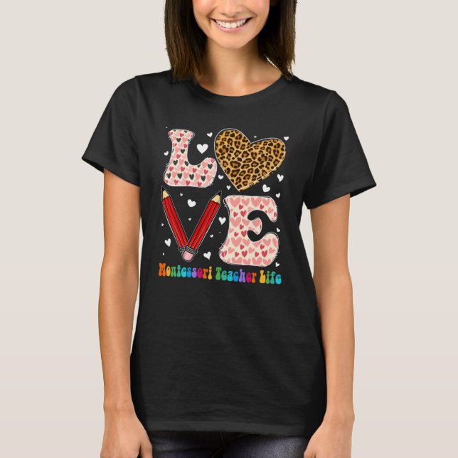 Heart Montessori Teacher Life Leopard Plaid Valent T-Shirt (Front)