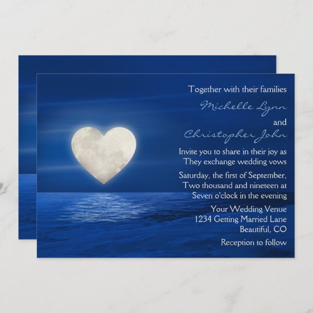 Heart Moon and Snowy Beach Winter Wedding Invitation (Front/Back)