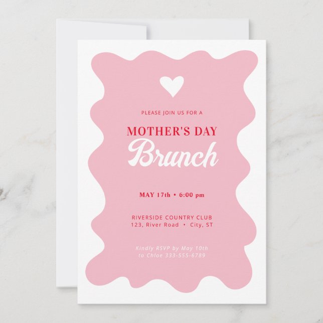 Heart Mother's Day Brunch Wavey Pink Invitation (Front)