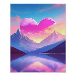 Heart & Mountain Sunset Landscape Art Poster