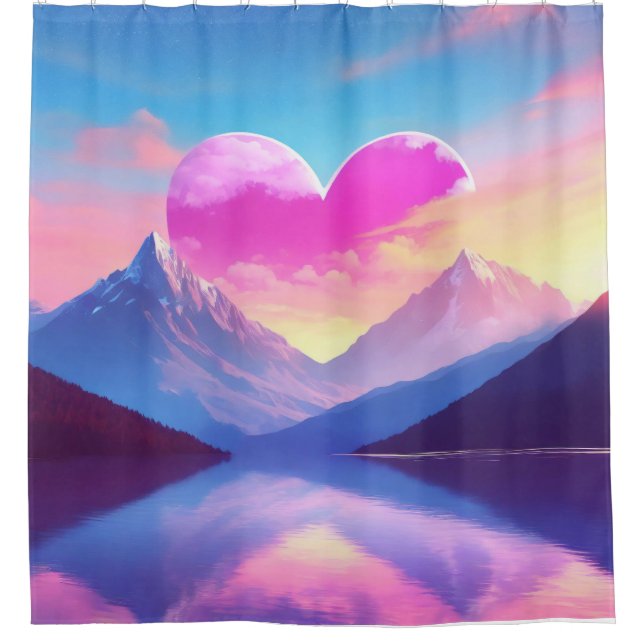 Heart & Mountain Sunset Landscape Art Shower Curtain (Front)