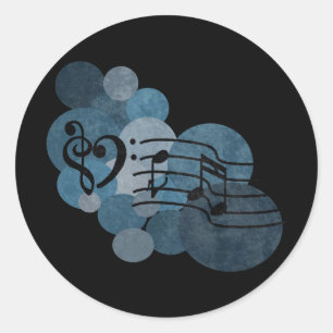 Heart music clefs and blue polka dots classic round sticker