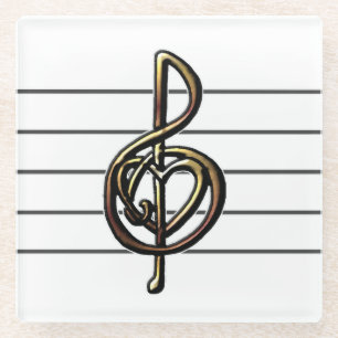 Heart Music Treble Clef with Staff Glass Coaster