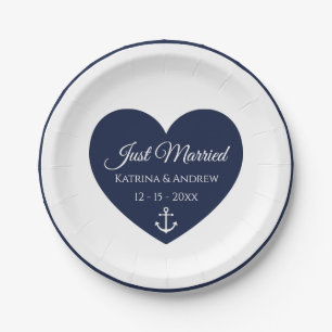 Heart Navy Blue Nautical Just Married Wedding Paper Plate