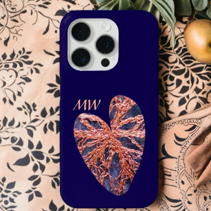 Heart navy blue orange monogram embroidery stylish iPhone 15 pro case