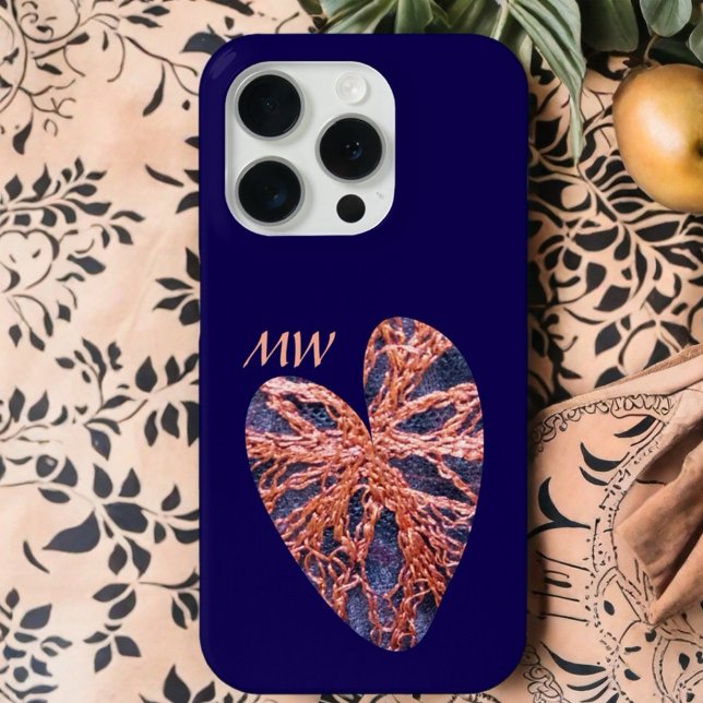 Heart navy blue orange monogram embroidery stylish Case-Mate iPhone case (Creator Uploaded)