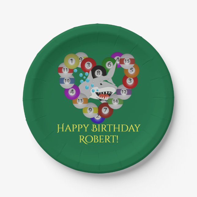 Heart of Billiard Balls Birthday Shark Paper Plate (Front)