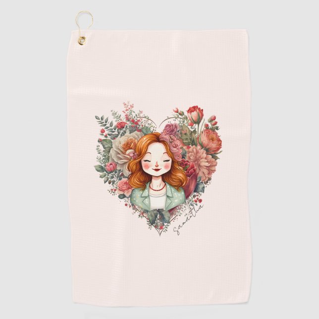 Heart of Blooms - Woman Framed in Floral Heart Golf Towel (Front)