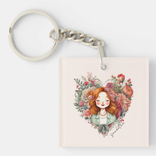 Heart of Blooms - Woman Framed in Floral Heart Key Ring
