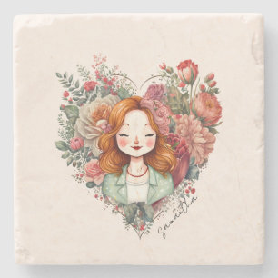 Heart of Blooms - Woman Framed in Floral Heart Stone Coaster