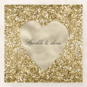 Heart of Gold Glitter Personalized Glass Coaster