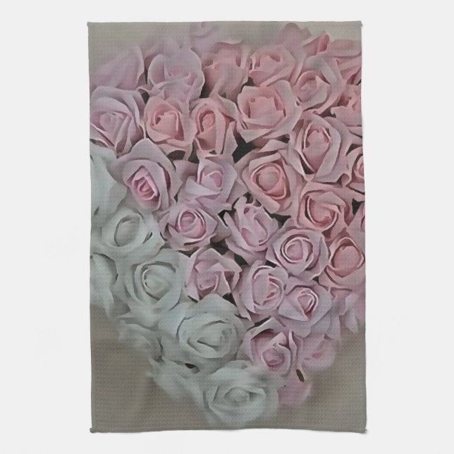 Heart Of Pink and White Roses Tea Towel (Vertical)